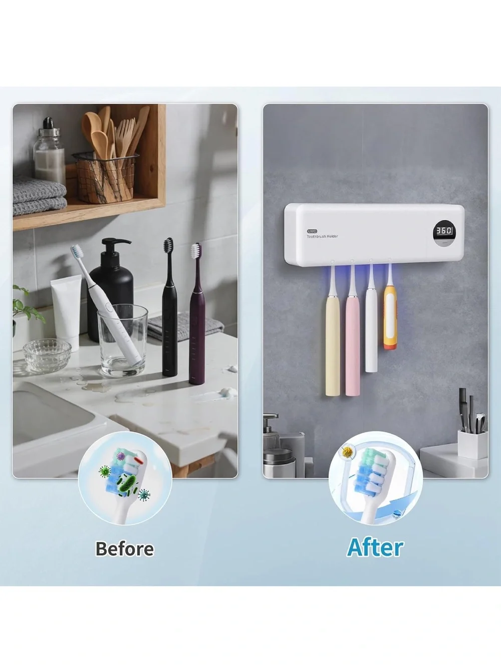 UVC Toothbrush Sanitizer hold with charger and 3 premium toothbrush